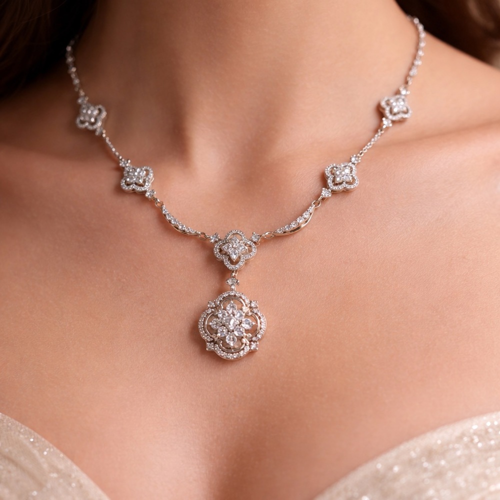 Luxury 925 Sterling Silver Diamond & Sapphire Clover Necklace paid $3,500